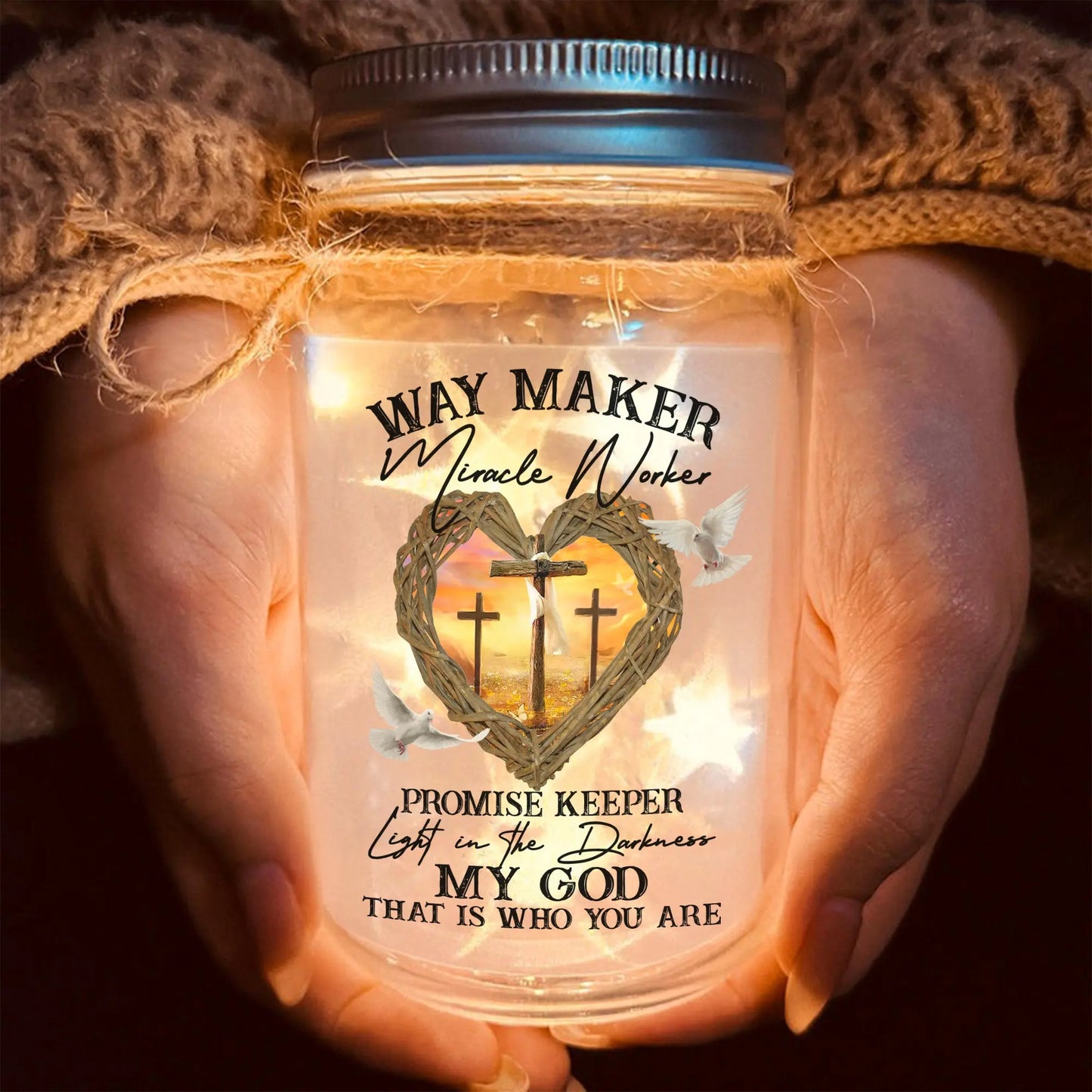 Warrior Of God, Way Maker Miracle Worker Promise Keeper - Personalized Christian Mason Jar Light