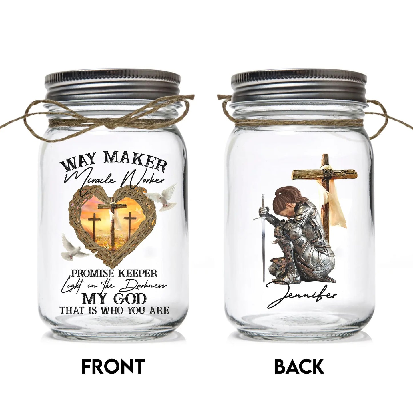 Warrior Of God, Way Maker Miracle Worker Promise Keeper - Personalized Christian Mason Jar Light