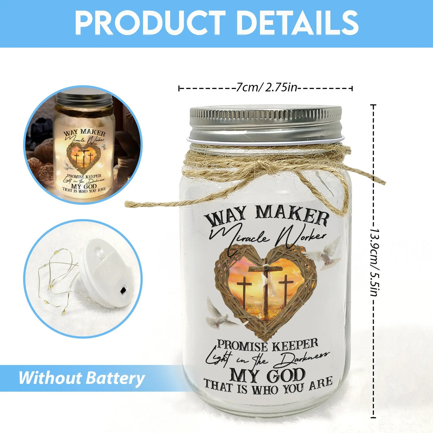 Warrior Of God, Way Maker Miracle Worker Promise Keeper - Personalized Christian Mason Jar Light