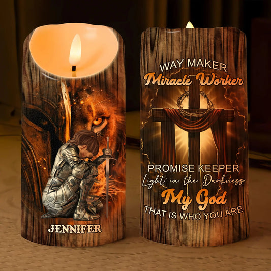 Warrior Of God, Way Maker Miracle Worker Promise Keeper - Personalized Led Candle