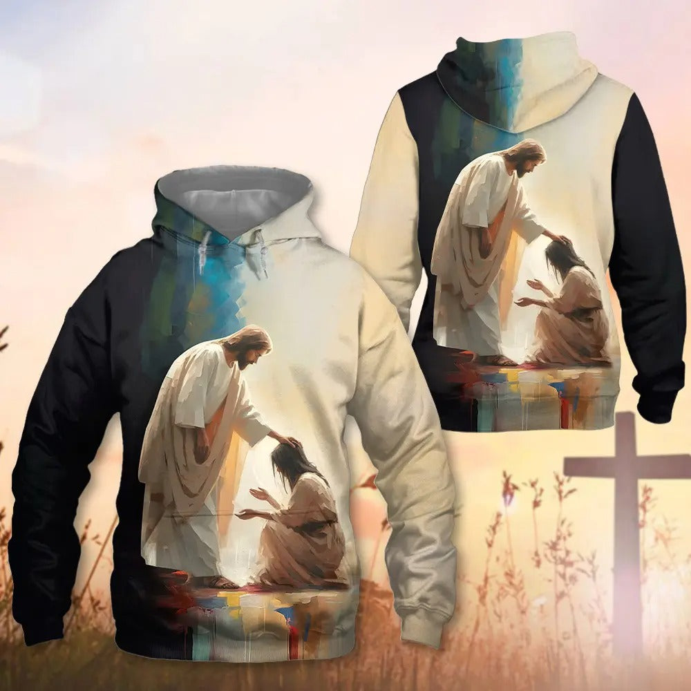 Woman Praying With Jesus - Inspirational Jesus Prayer 3D All Over Print T-Shirt And Hoodie