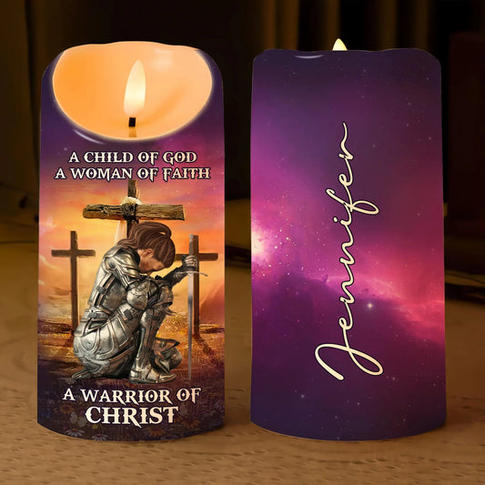 Woman Warrior Of Christ, A Child Of God A Woman Of Faith - Personalized Led Candle