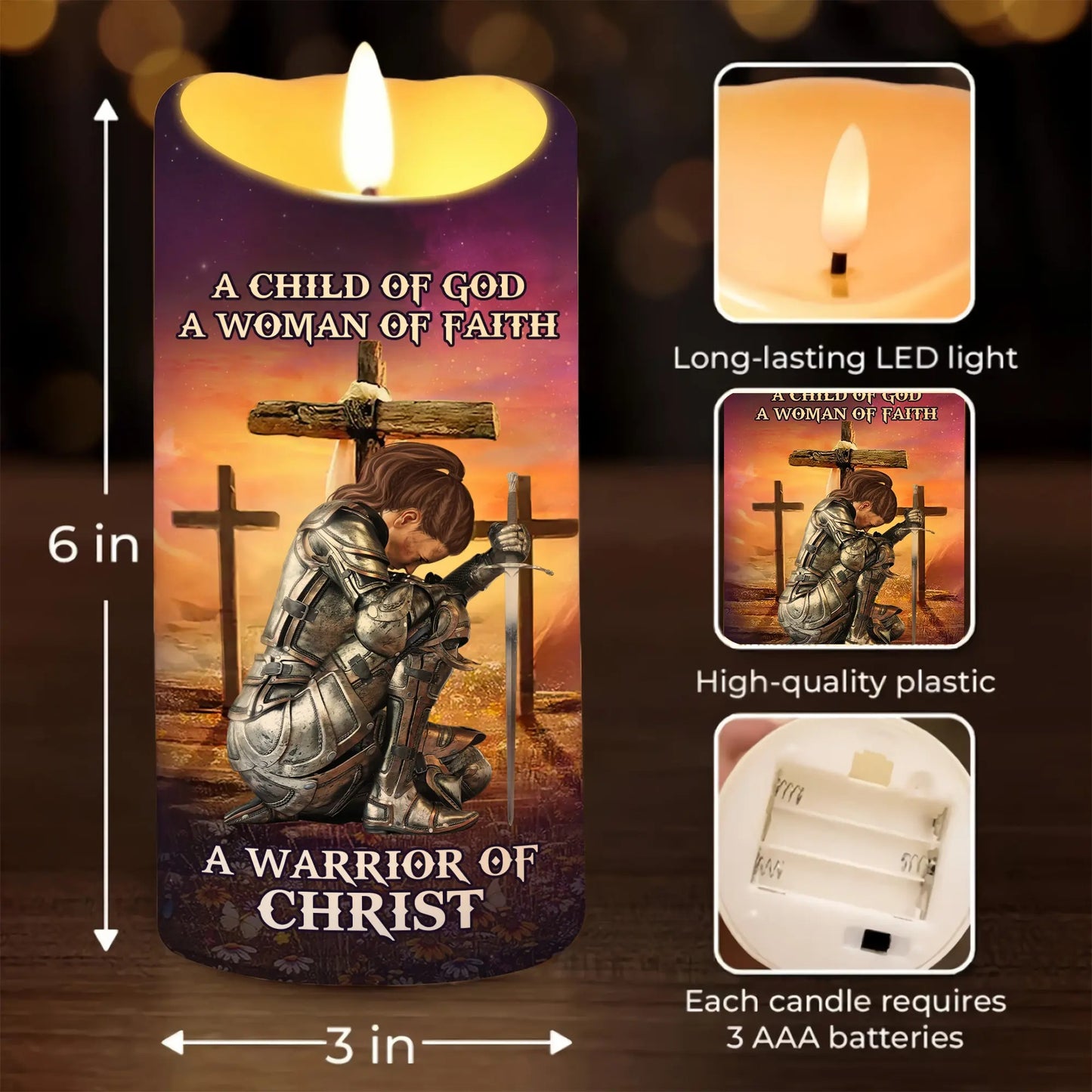 Woman Warrior Of Christ, A Child Of God A Woman Of Faith - Personalized Led Candle