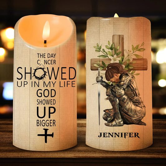 Woman Warrior Of God The Day Cancer Showed Up In My Life - Personalized Led Candle