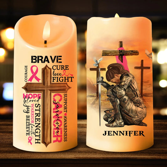 Woman Warrior Of God, Gifts For Brave Cancer Fight Survivors - Personalized Led Candle