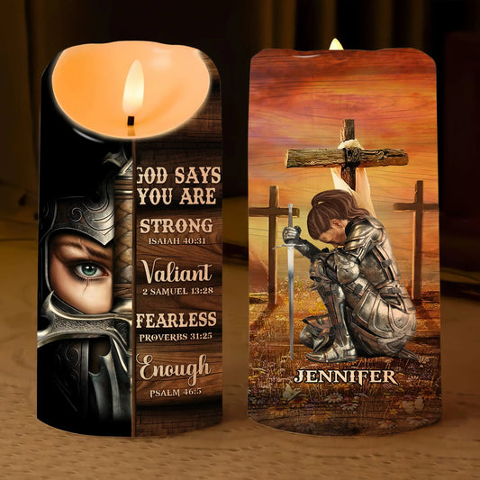 Woman Warrior Of God, God Say You Are Strong Valiant Fearless - Personalized Led Candle