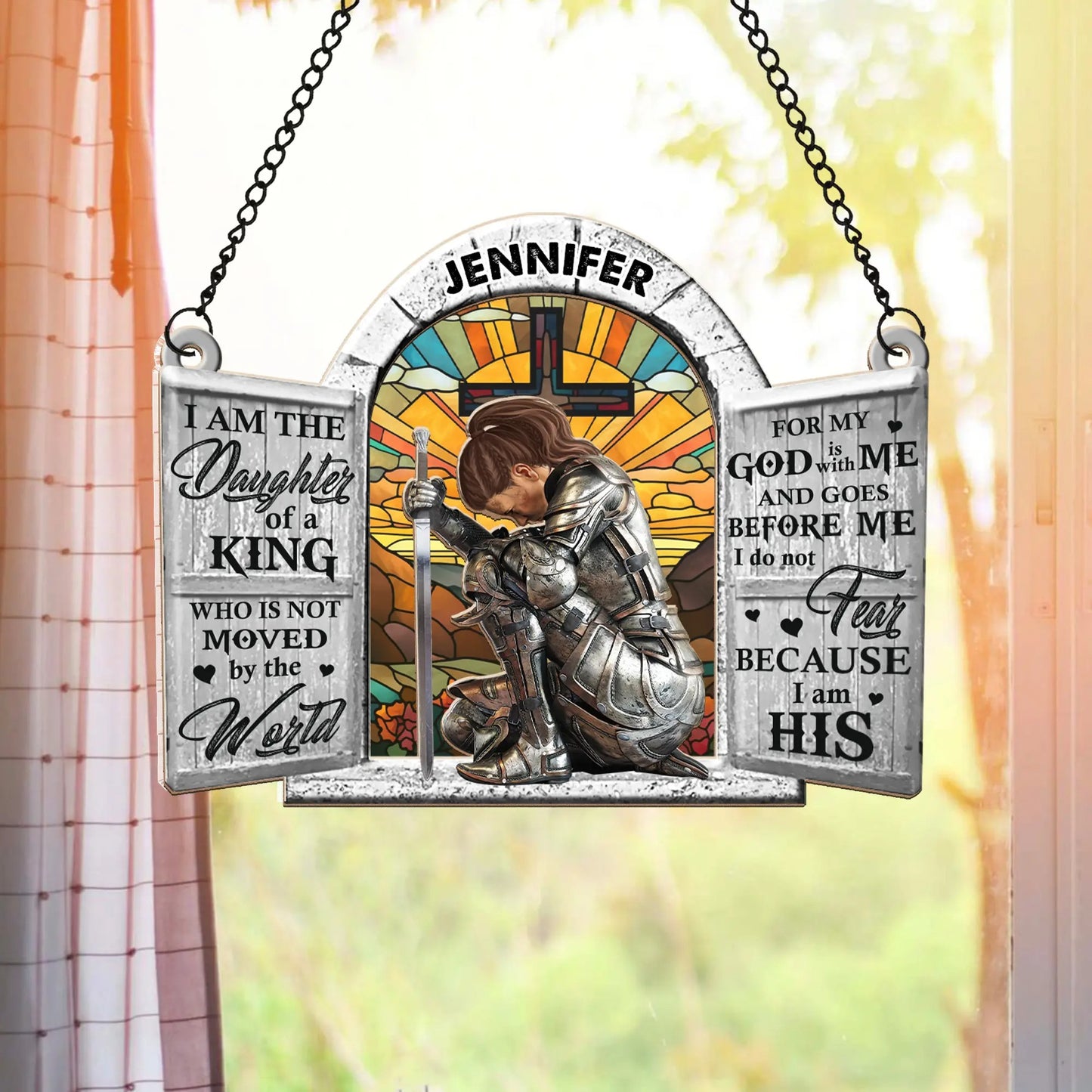 Woman Warrior Of God, I Am The Daughter Of A King - Personalized Christian Hanging Suncatcher Ornament