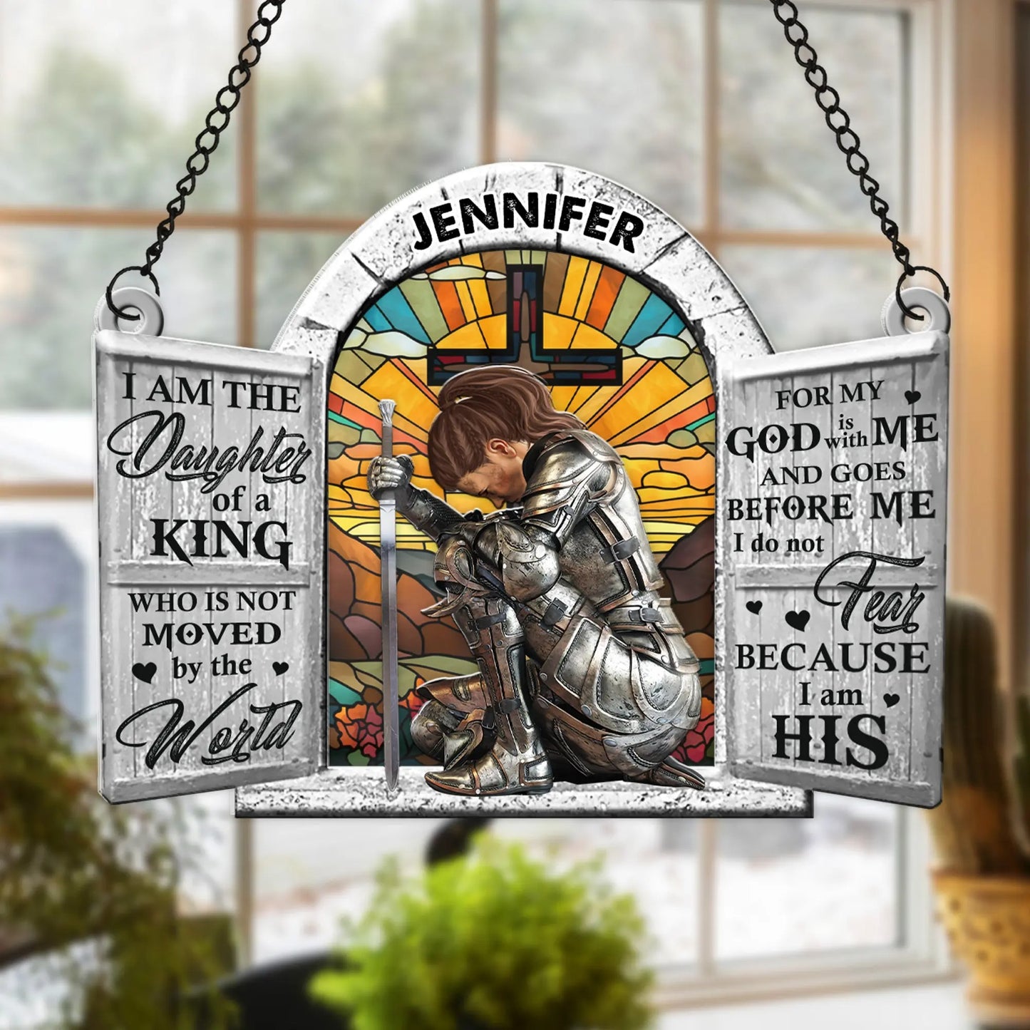 Woman Warrior Of God, I Am The Daughter Of A King - Personalized Christian Hanging Suncatcher Ornament