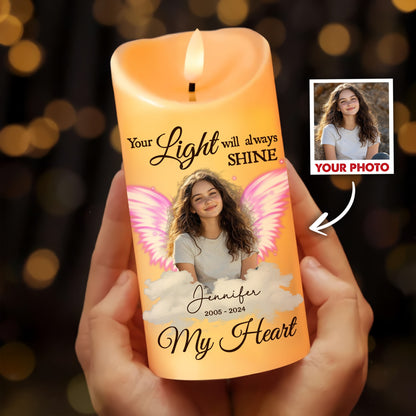 Your Light Will Always Shine In My Heart - Memorial Photo Gifts for Family Members - Personalized Sympathy Gift Led Candle