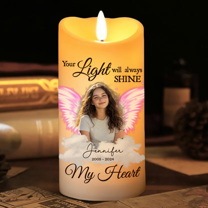 Your Light Will Always Shine In My Heart - Memorial Photo Gifts for Family Members - Personalized Sympathy Gift Led Candle