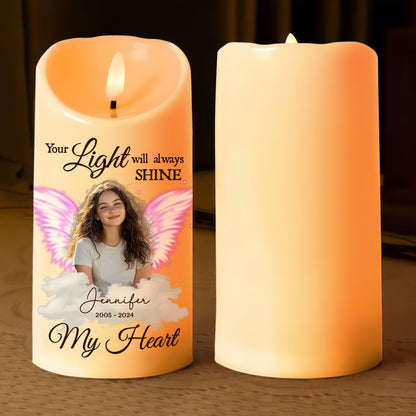 Your Light Will Always Shine In My Heart - Memorial Photo Gifts for Family Members - Personalized Sympathy Gift Led Candle