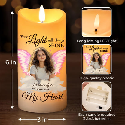 Your Light Will Always Shine In My Heart - Memorial Photo Gifts for Family Members - Personalized Sympathy Gift Led Candle