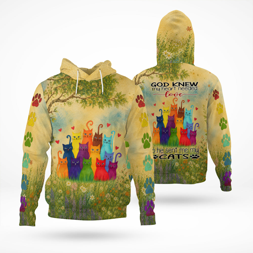 God Knew My Heart Needed Love So He Sent Me My Cats 3D All Over Print T-Shirt And Hoodie