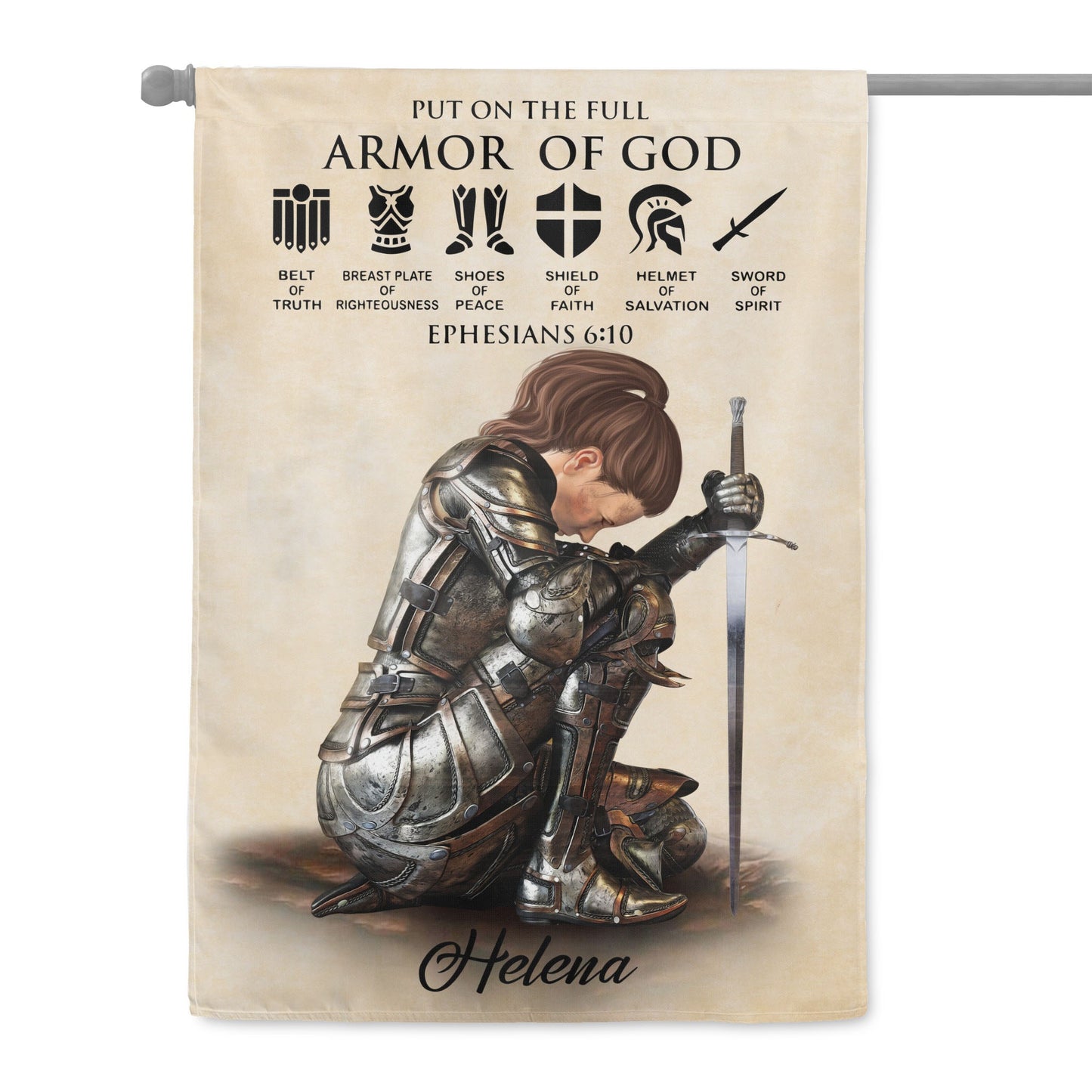 Personalized Woman Warrior of God Put On The Full Armor Of God Ephesians 6:10 Garden Flag and House Flag