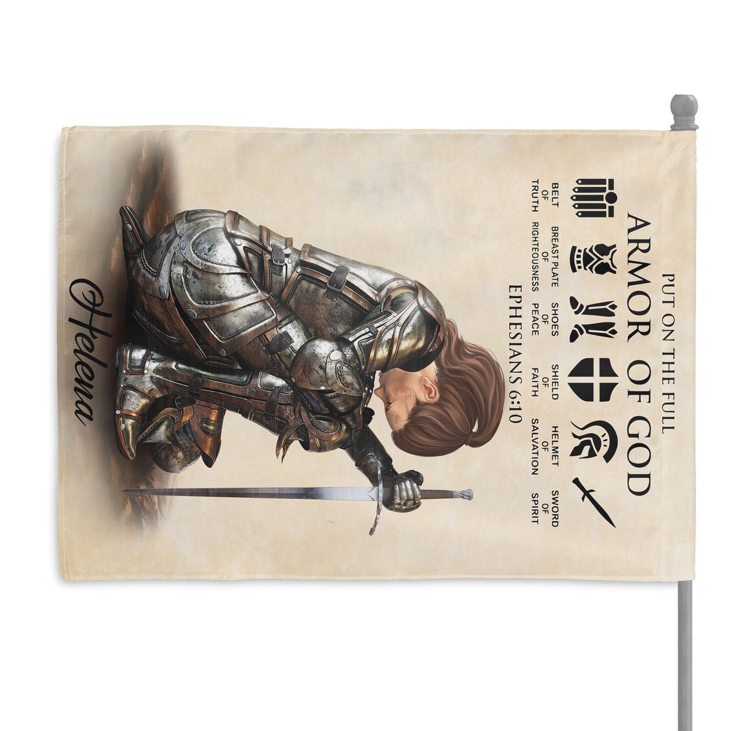 Personalized Woman Warrior of God Put On The Full Armor Of God Ephesians 6:10 Garden Flag and House Flag