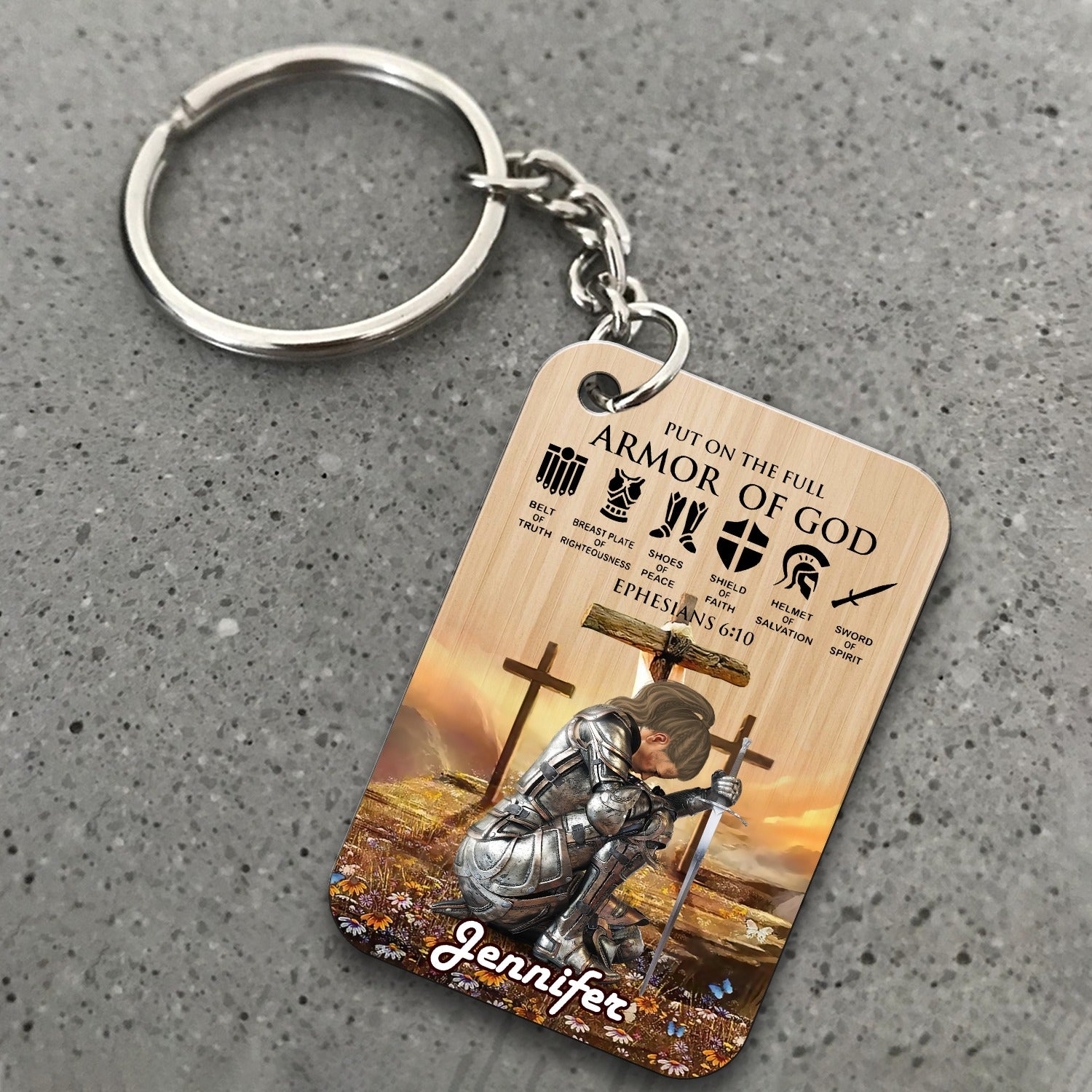 Personalized Woman Warrior of God Put On The Full Armor of God Ephesians 6:10 Wooden Keychain