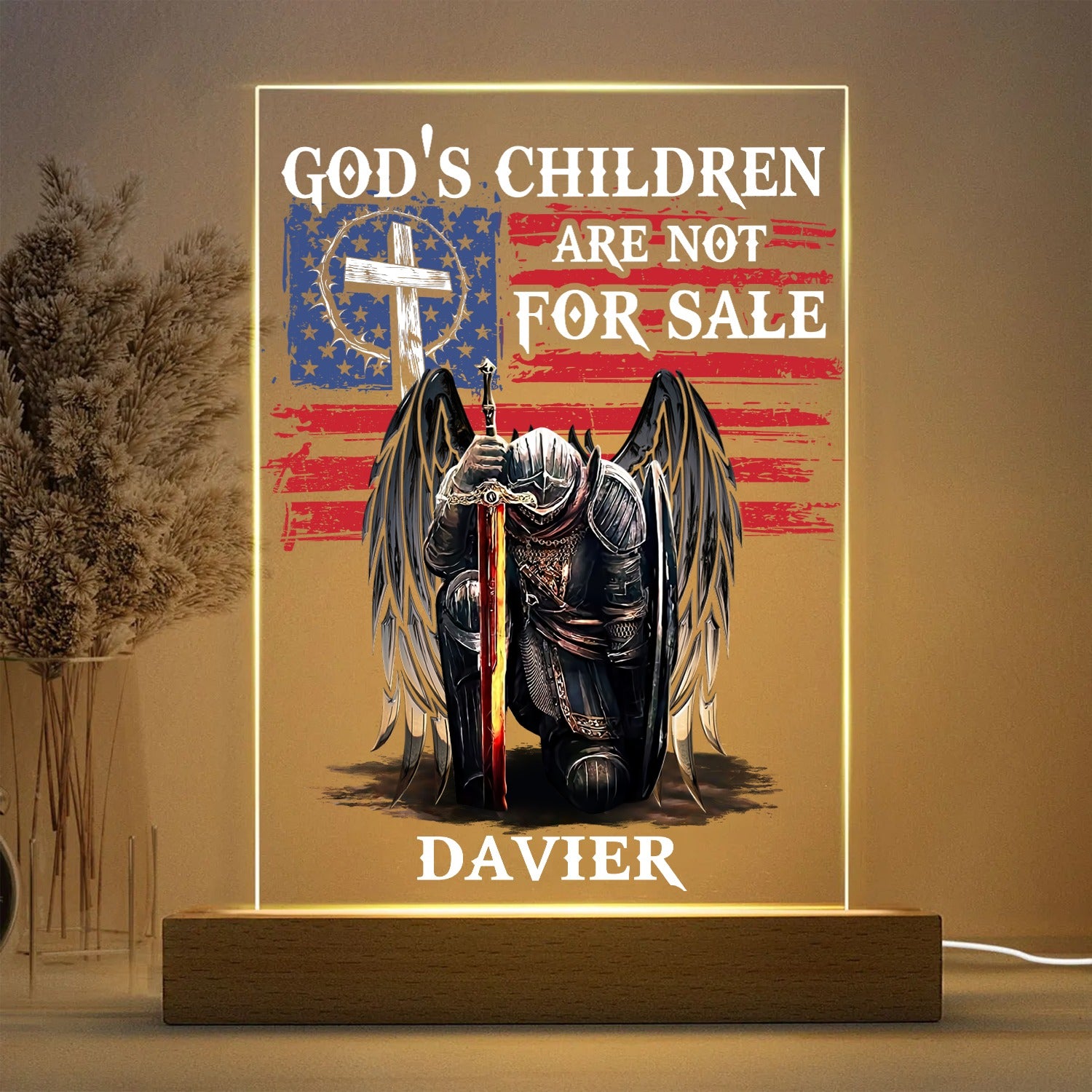 Personalized Man Warrior God Is Children Are Not For Sale Acrylic Plaque LED Light Night