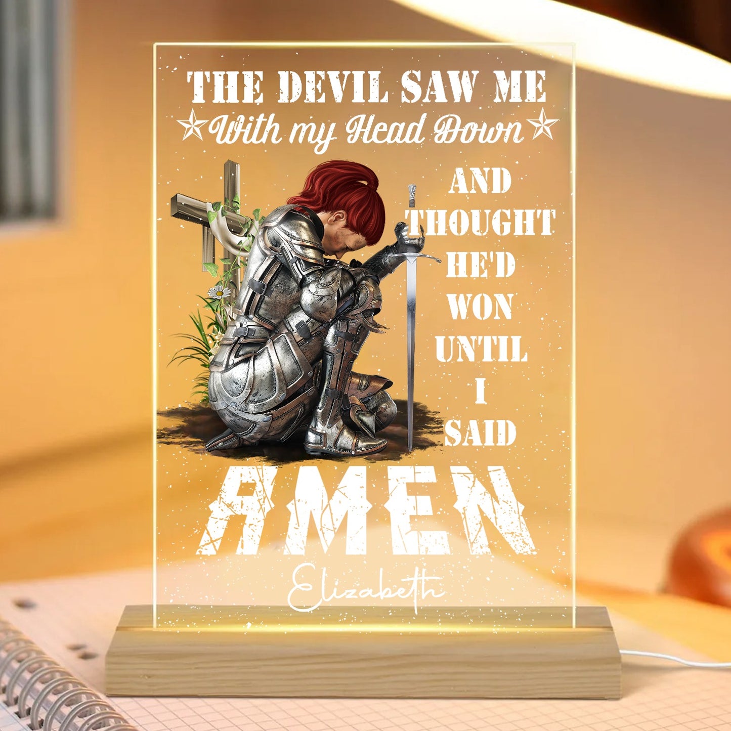 Personalized Woman Warrior Of God The Devil Saw Me With My Head Down And Though He Would Won Until I Said Amen Acrylic Plaque LED Light Night