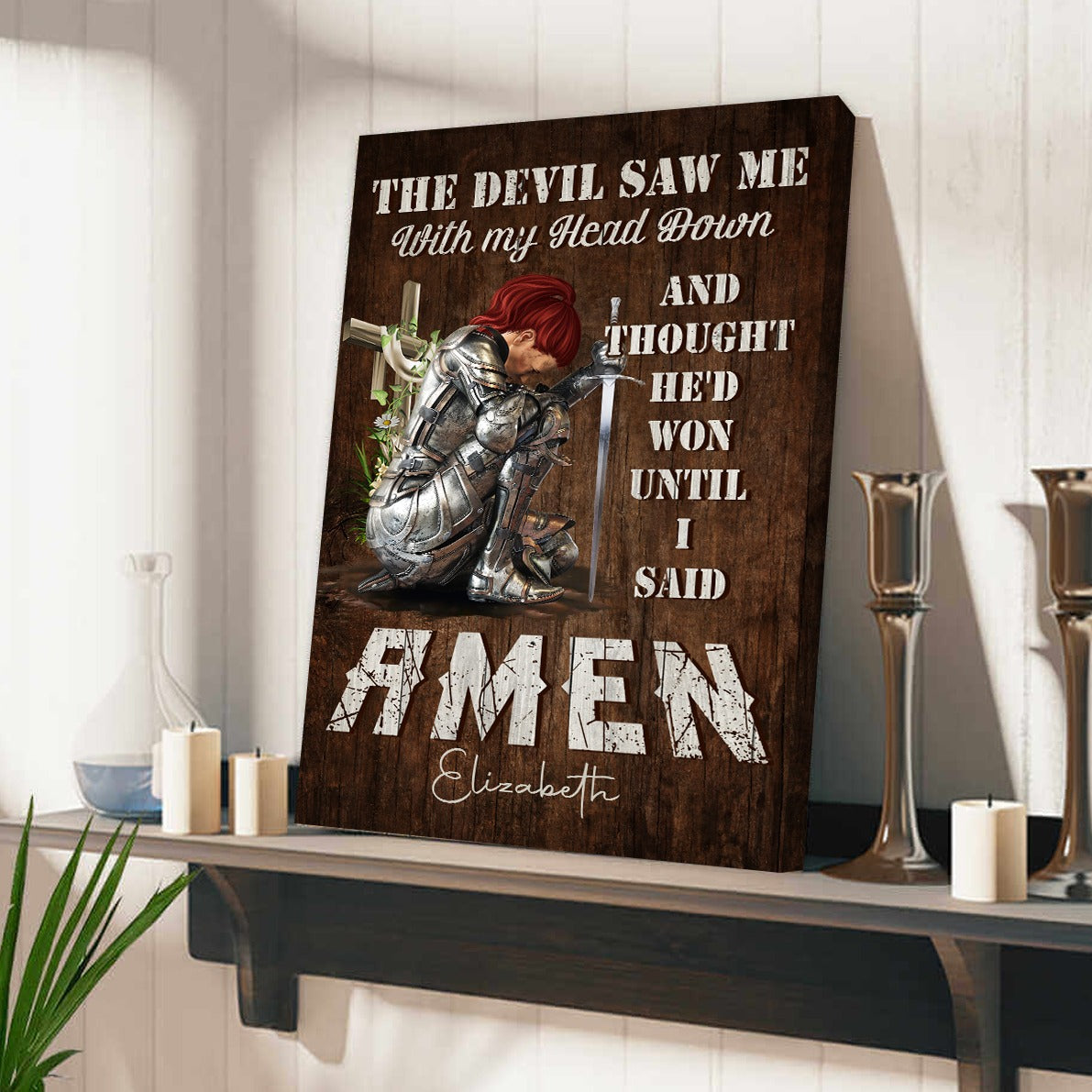 Personalized Woman Warrior Of God The Devil Saw Me With My Head Down And Though He Would Won Until I Said Amen Canvas Prints