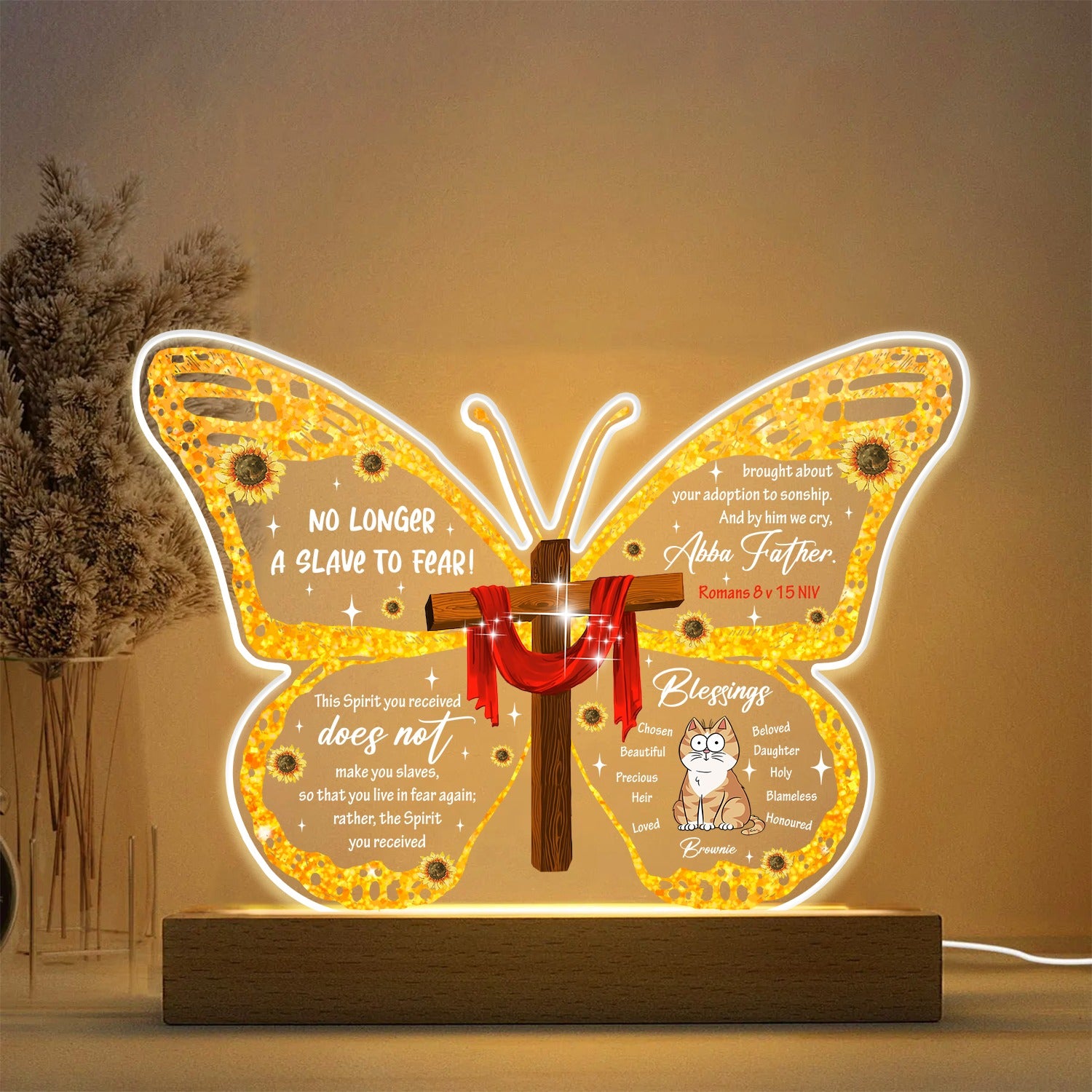 Persoanlized Cat With Romans 8:15 No Longer A Slave To Fear Butterfly Acrylic LED Light Night