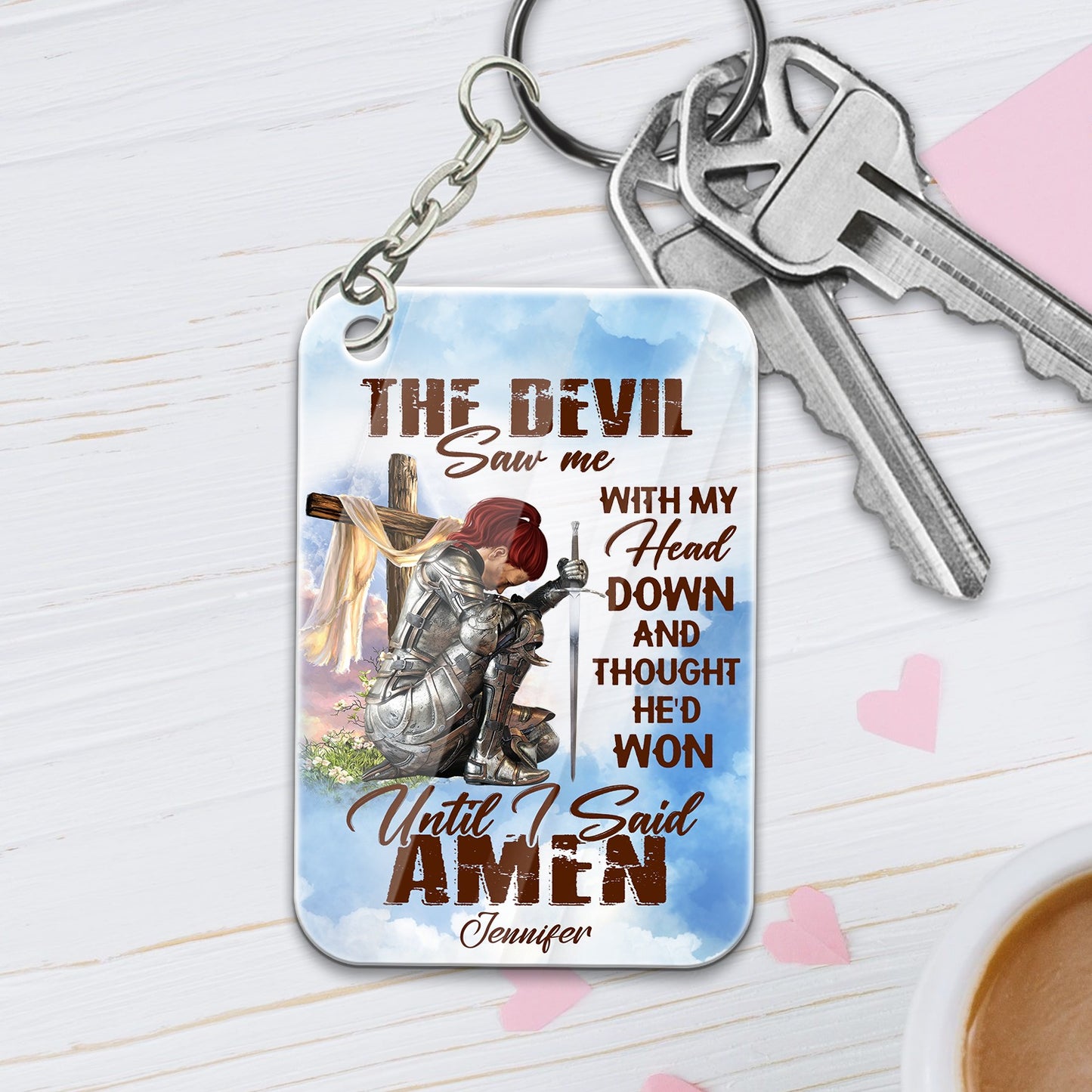 Personalized Woman Warrior Of God The Devil Saw Me With My Head Down And Though He Would Won Until I Said Amen Acrylic Keychain