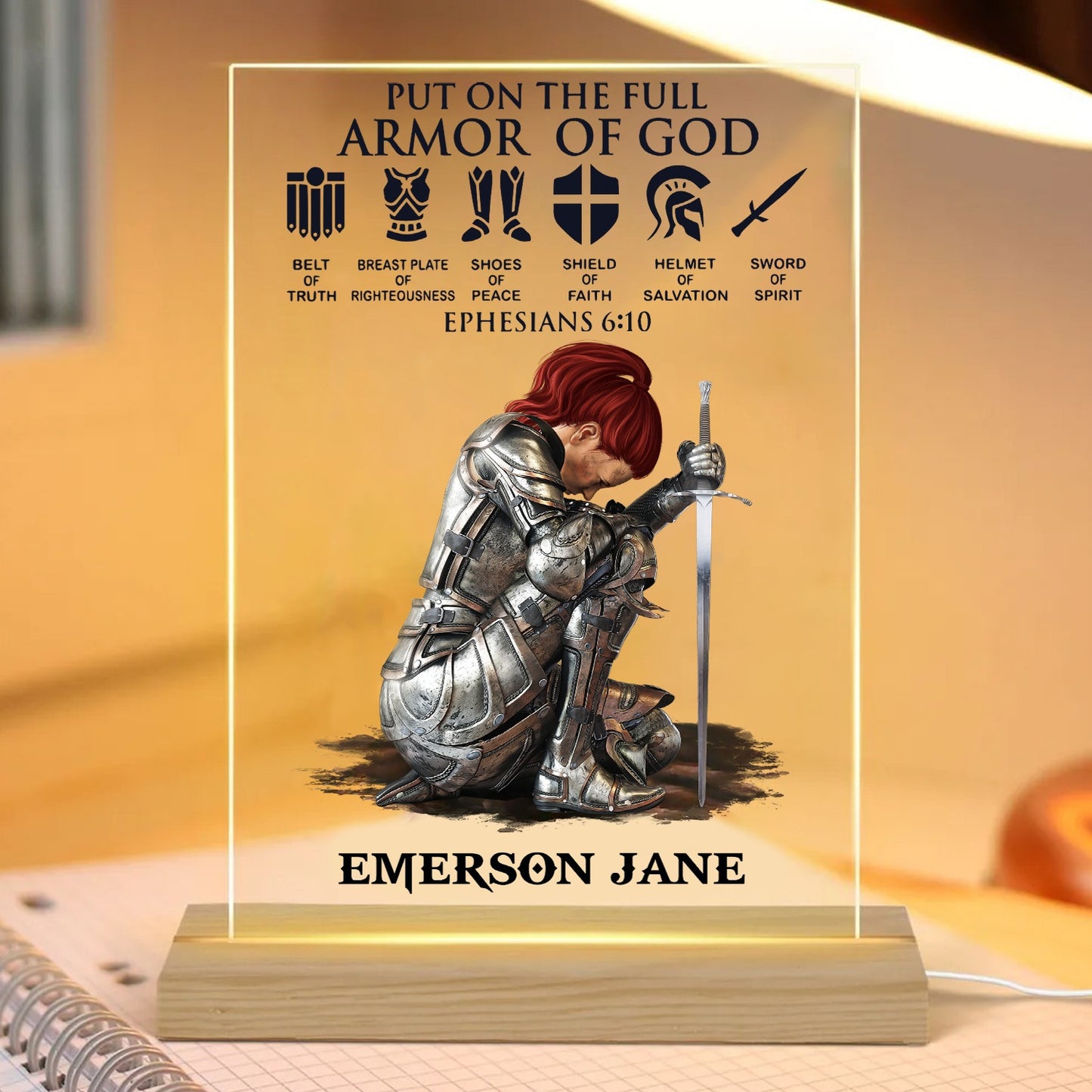 Personalized Woman Warrior Of God Put On The Full Armor of God Ephesians 6-10 Acrylic Plaque LED Light Night