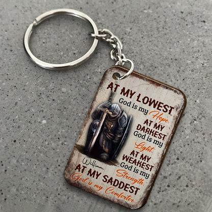 Personalized Man Warrior Of God At My Lowest God Is My Hope At My Darkest God Is My Light Wooden Keychain