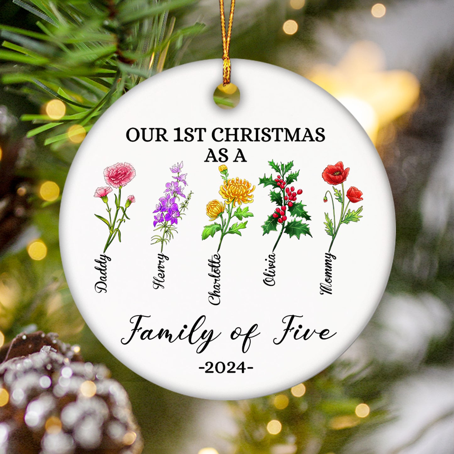 Personalized Family Birth Month Flower, Our 1st Christmas As A Family Ceramic Ornament