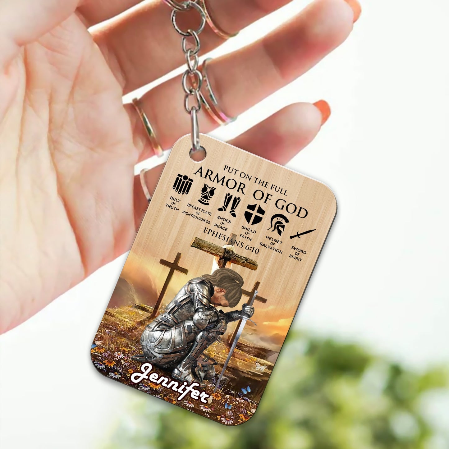 Personalized Woman Warrior of God Put On The Full Armor of God Ephesians 6:10 Wooden Keychain