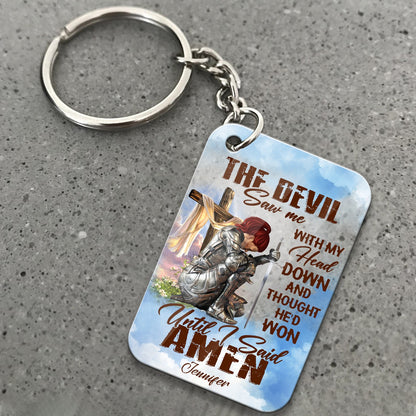 Personalized Woman Warrior Of God The Devil Saw Me With My Head Down And Though He Would Won Until I Said Amen Acrylic Keychain