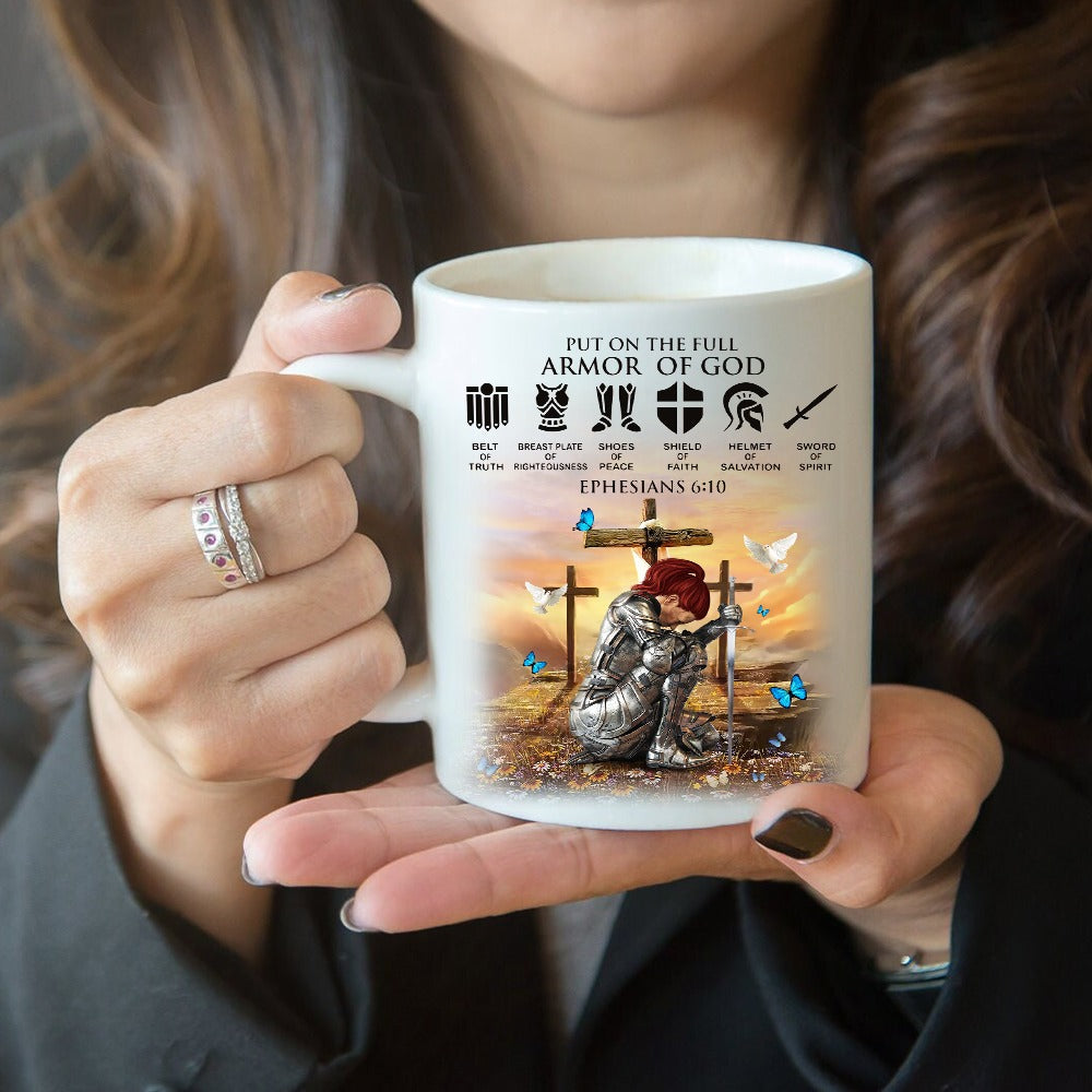 Personalized Woman Warrior Of God Put On The Full Armor of God Ephesians 6-10 White Mug