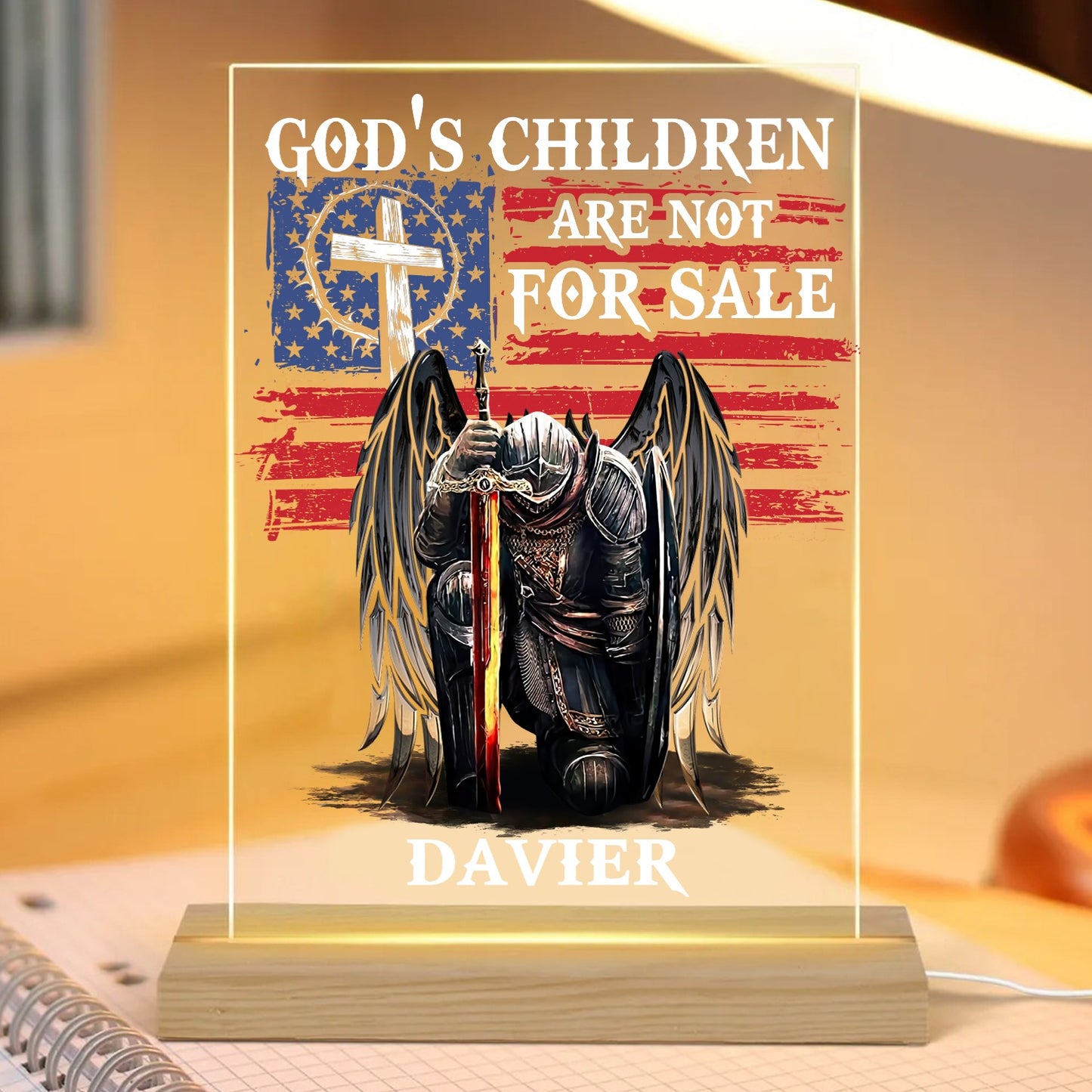 Personalized Man Warrior God Is Children Are Not For Sale Acrylic Plaque LED Light Night