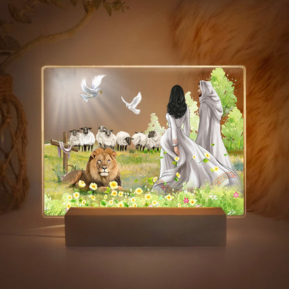 Personalized Beautiful Girl Walking With Jesus Among Lion The Lambs Acrylic LED Light Night