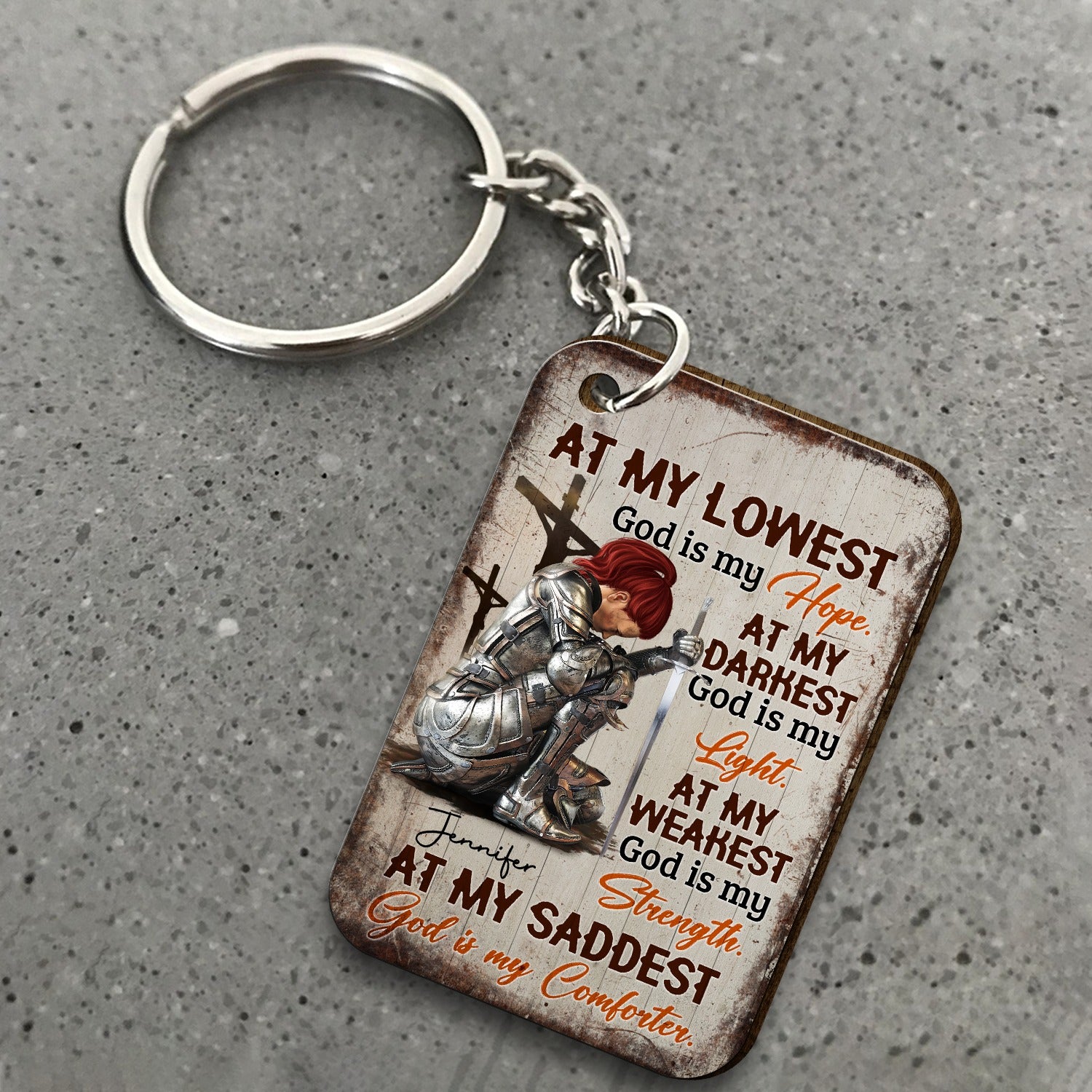 Personalized Woman Warrior Of God At My Lowest God Is My Hope At My Darkest God Is My Light Wooden Keychain