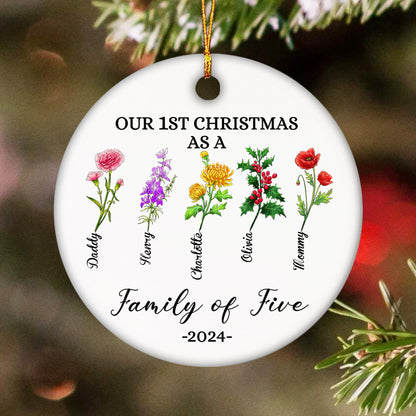 Personalized Family Birth Month Flower, Our 1st Christmas As A Family Ceramic Ornament