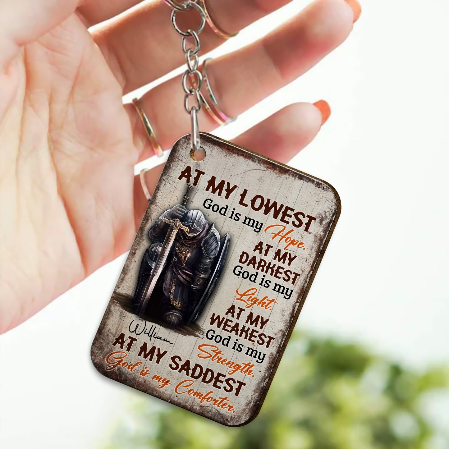 Personalized Man Warrior Of God At My Lowest God Is My Hope At My Darkest God Is My Light Wooden Keychain