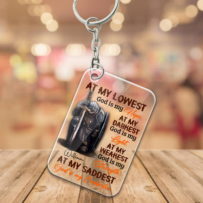 Personalized Man Warrior Of God At My Lowest God Is My Hope At My Darkest God Is My Light Acrylic Keychain