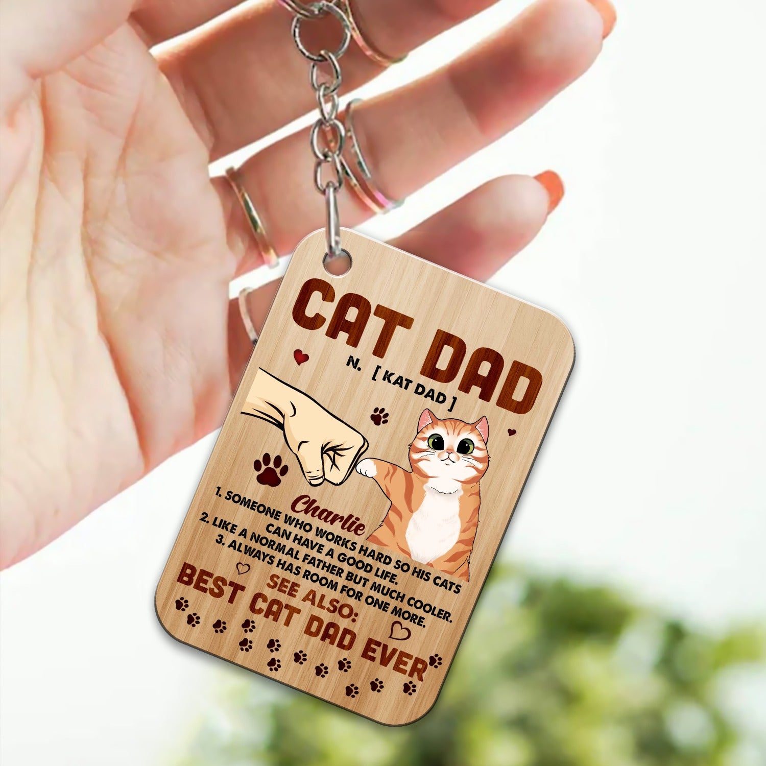 Personalized Cat Dad Someone Who Works Hard So His Cats Can Have A Good Life Wooden Keychain