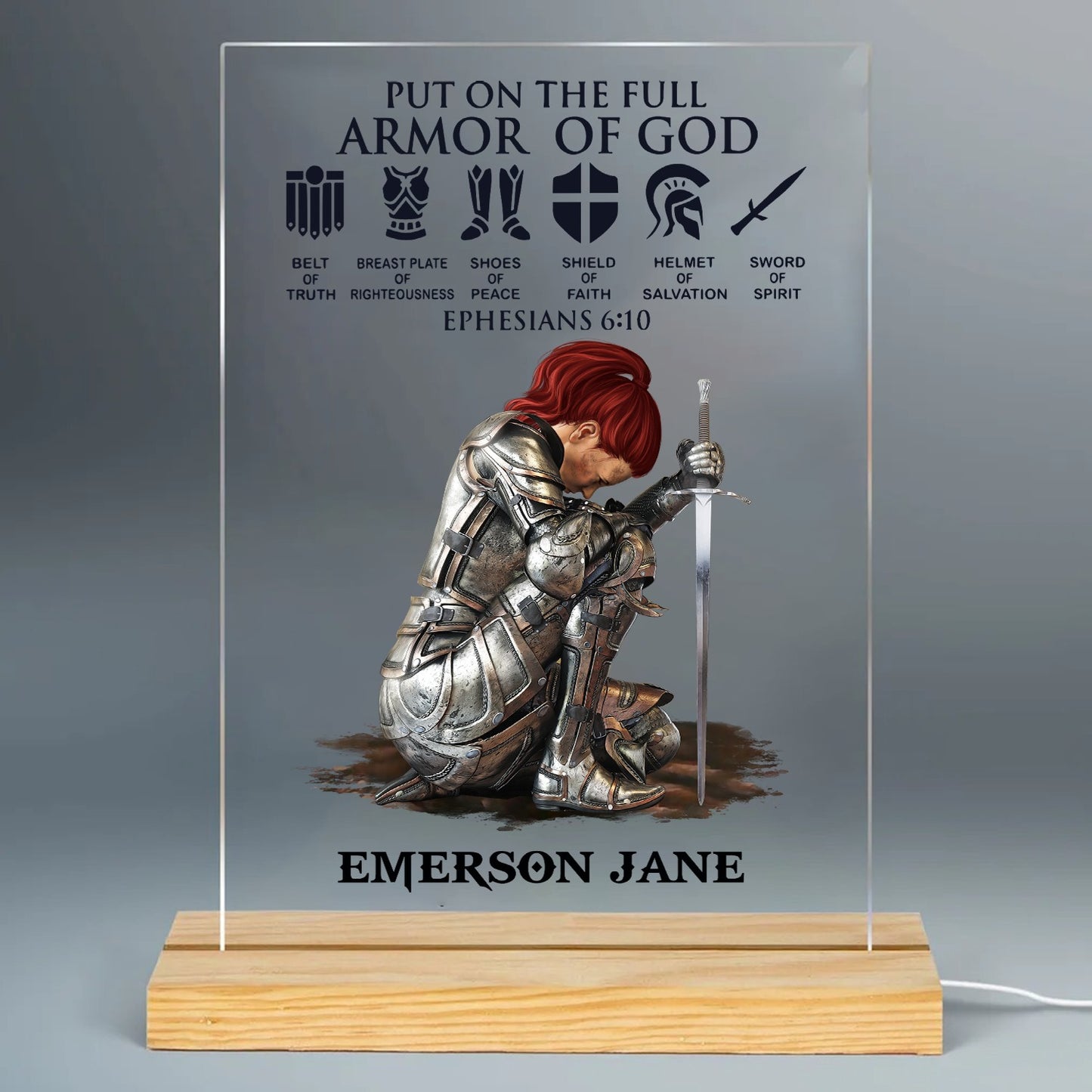 Personalized Woman Warrior Of God Put On The Full Armor of God Ephesians 6-10 Acrylic Plaque LED Light Night