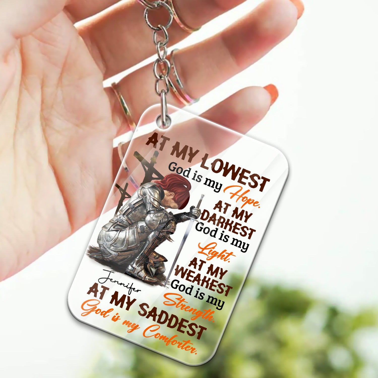 Personalized Woman Warrior Of God At My Lowest God Is My Hope At My Darkest God Is My Light Acrylic Keychain