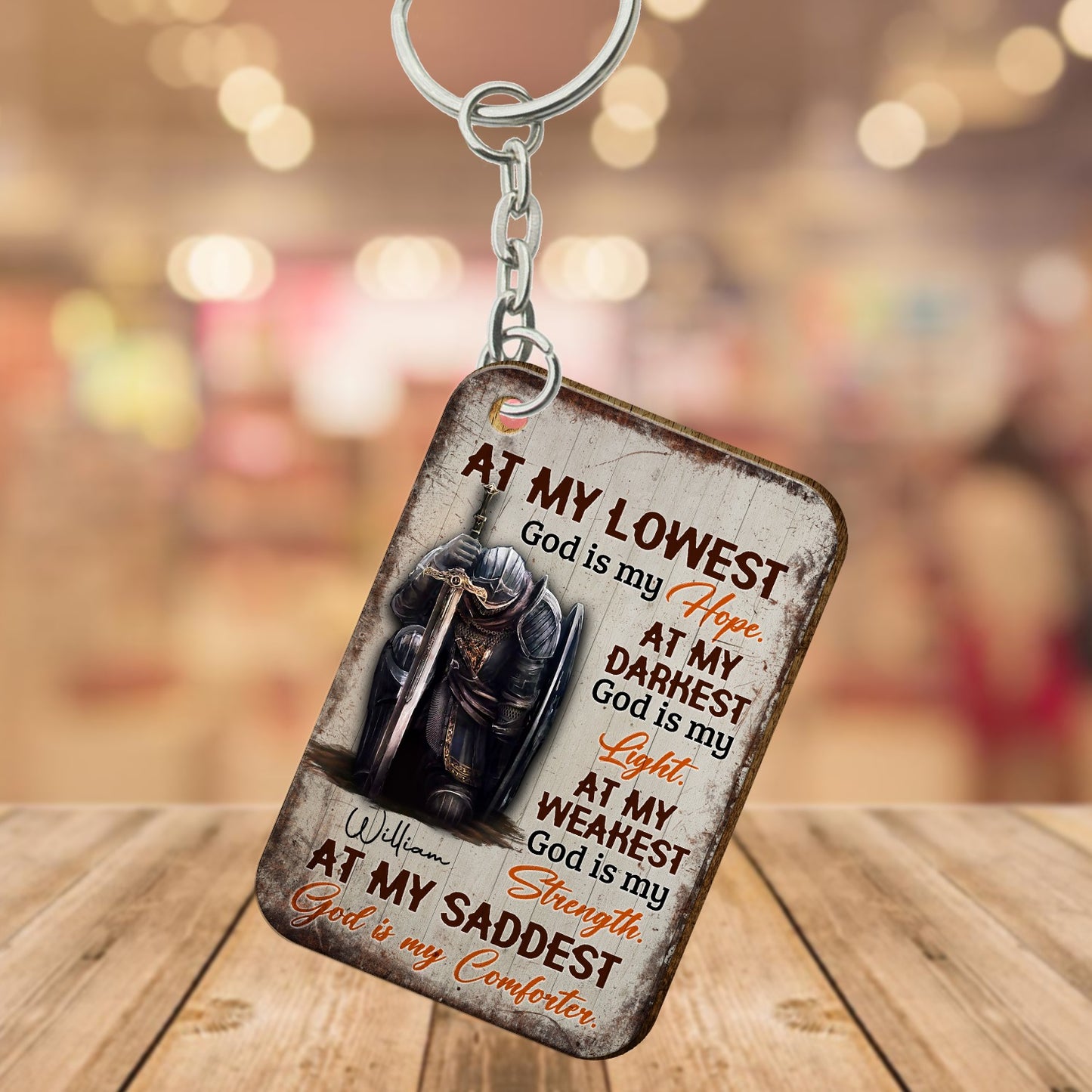 Personalized Man Warrior Of God At My Lowest God Is My Hope At My Darkest God Is My Light Wooden Keychain