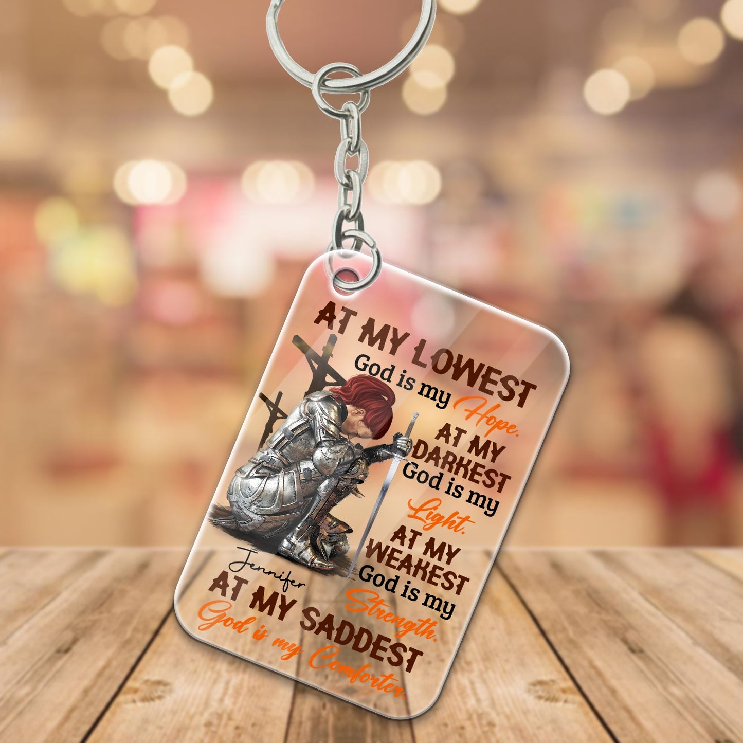 Personalized Woman Warrior Of God At My Lowest God Is My Hope At My Darkest God Is My Light Acrylic Keychain