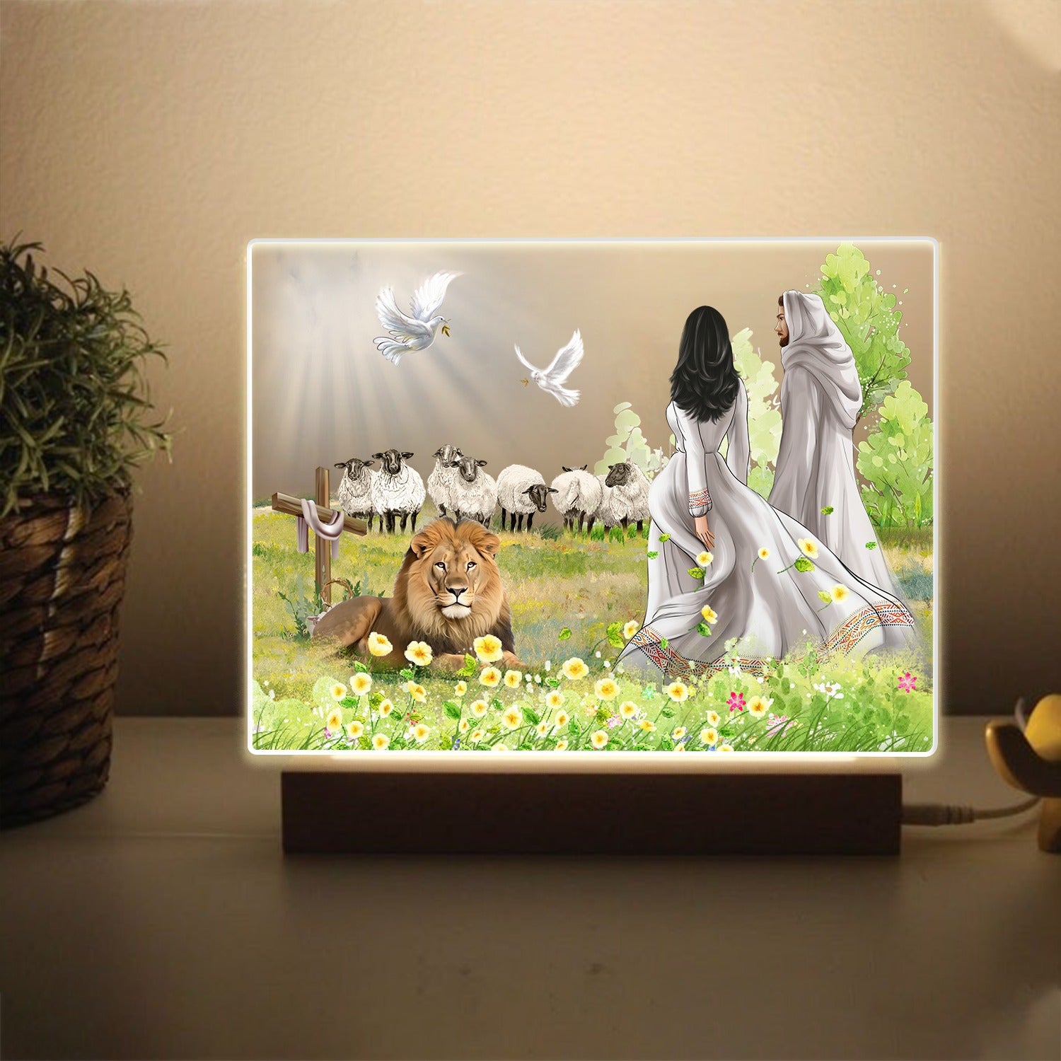 Personalized Beautiful Girl Walking With Jesus Among Lion The Lambs Acrylic LED Light Night