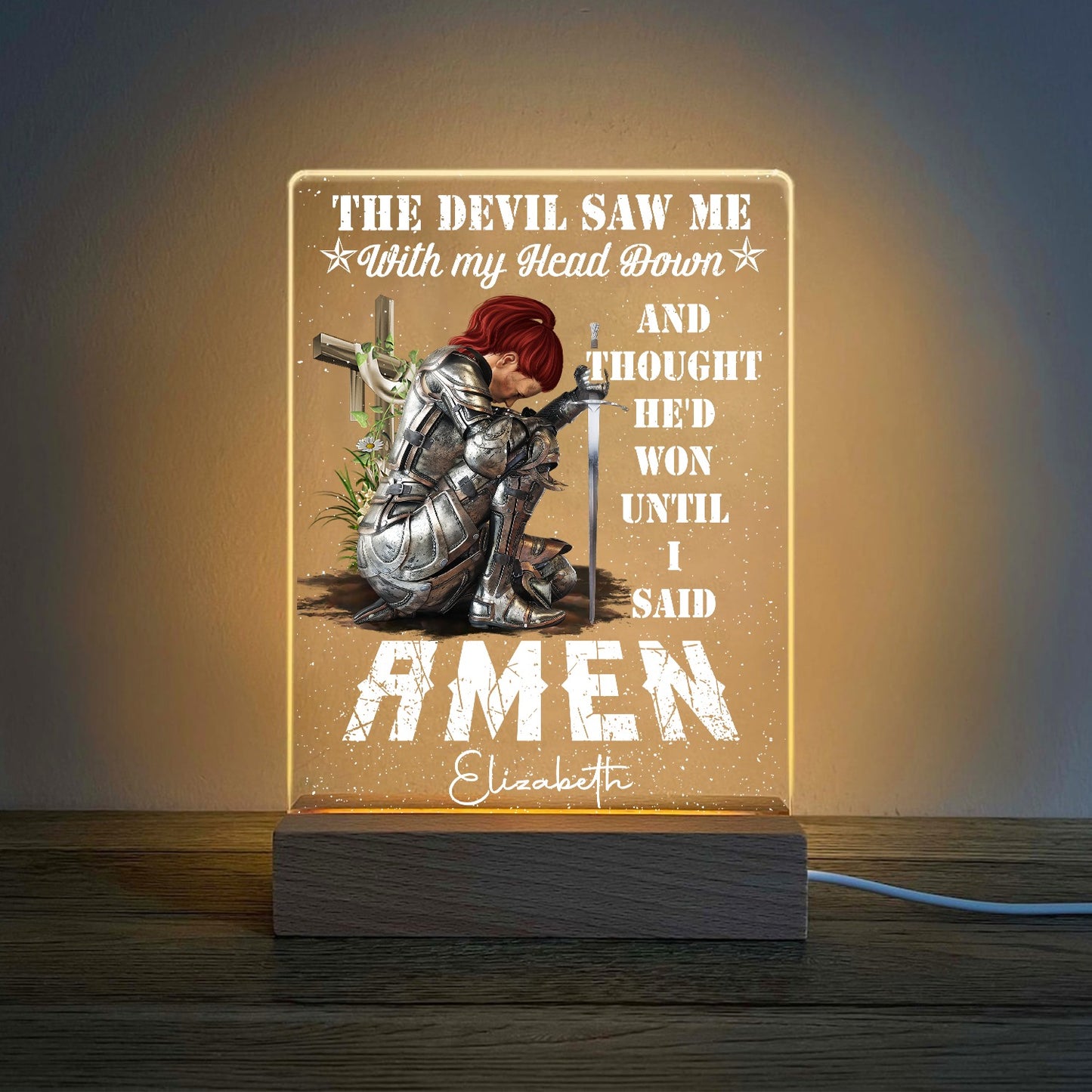 Personalized Woman Warrior Of God The Devil Saw Me With My Head Down And Though He Would Won Until I Said Amen Acrylic Plaque LED Light Night