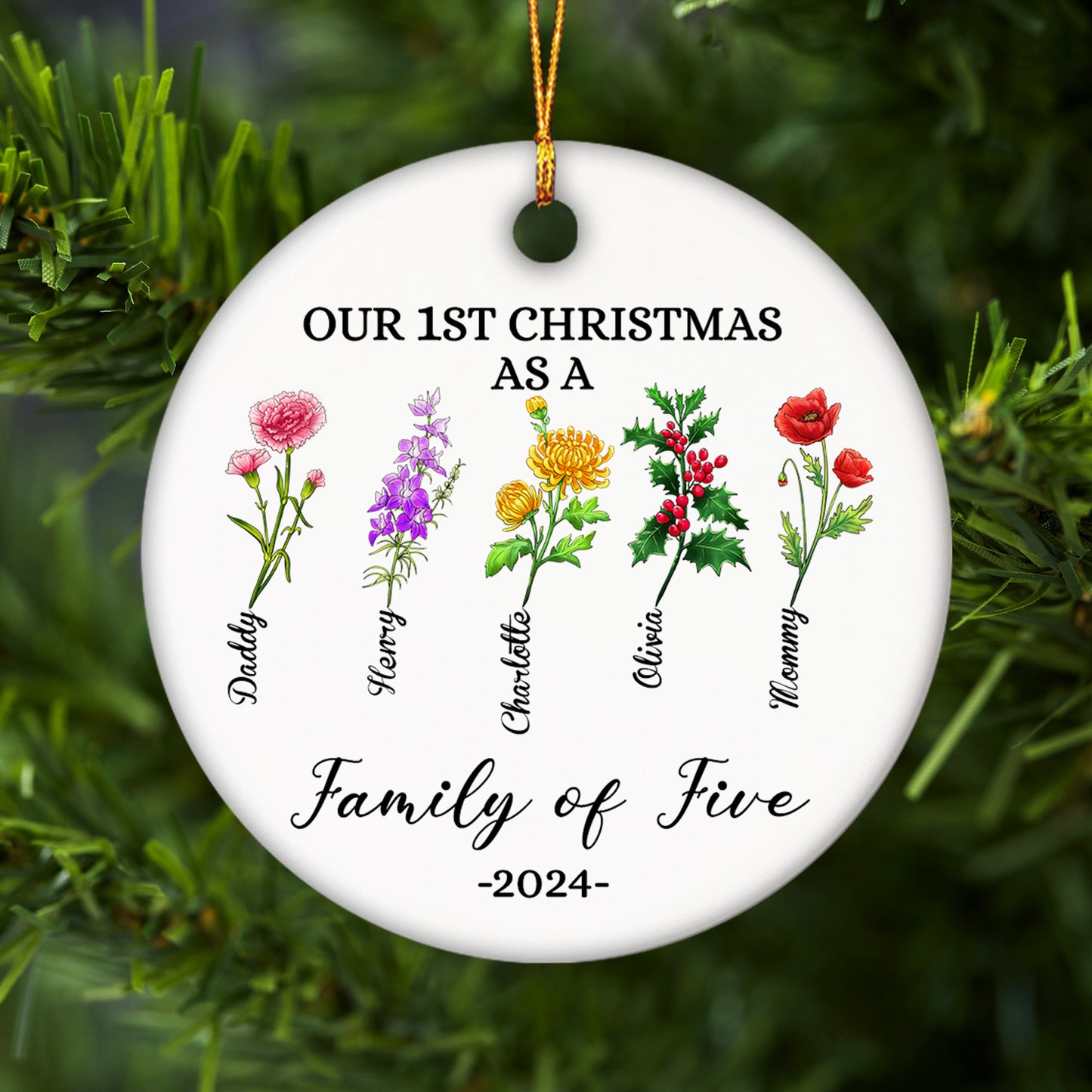 Personalized Family Birth Month Flower, Our 1st Christmas As A Family Ceramic Ornament