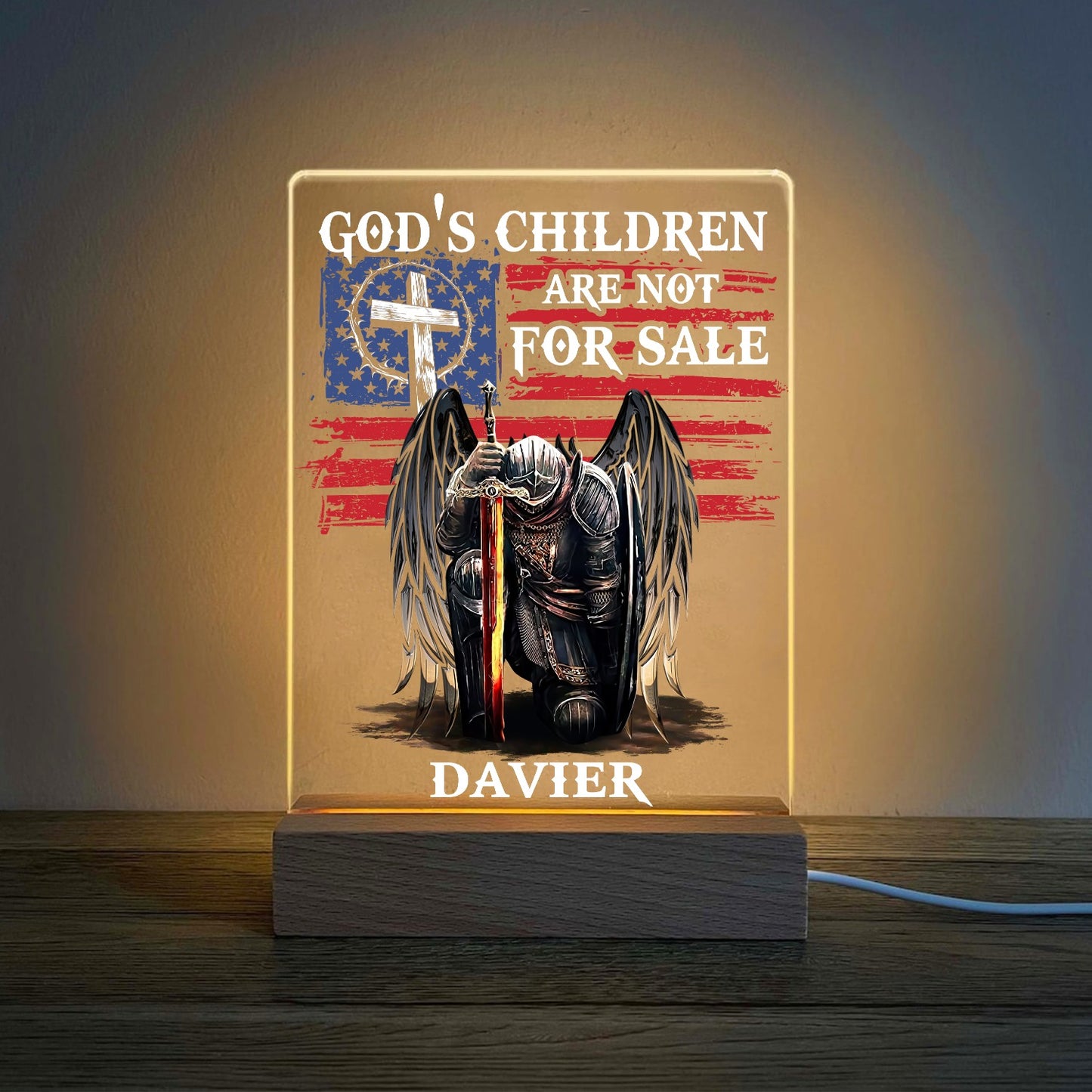 Personalized Man Warrior God Is Children Are Not For Sale Acrylic Plaque LED Light Night