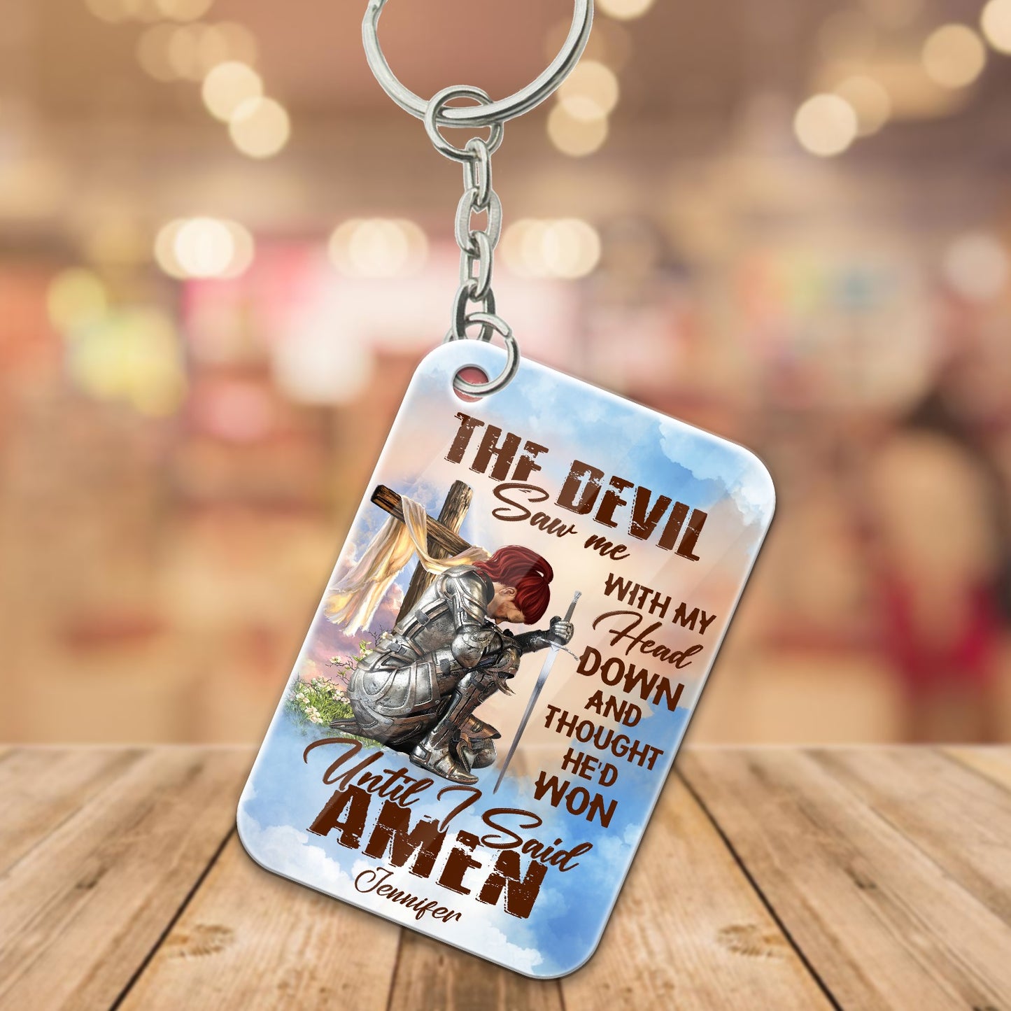 Personalized Woman Warrior Of God The Devil Saw Me With My Head Down And Though He Would Won Until I Said Amen Acrylic Keychain