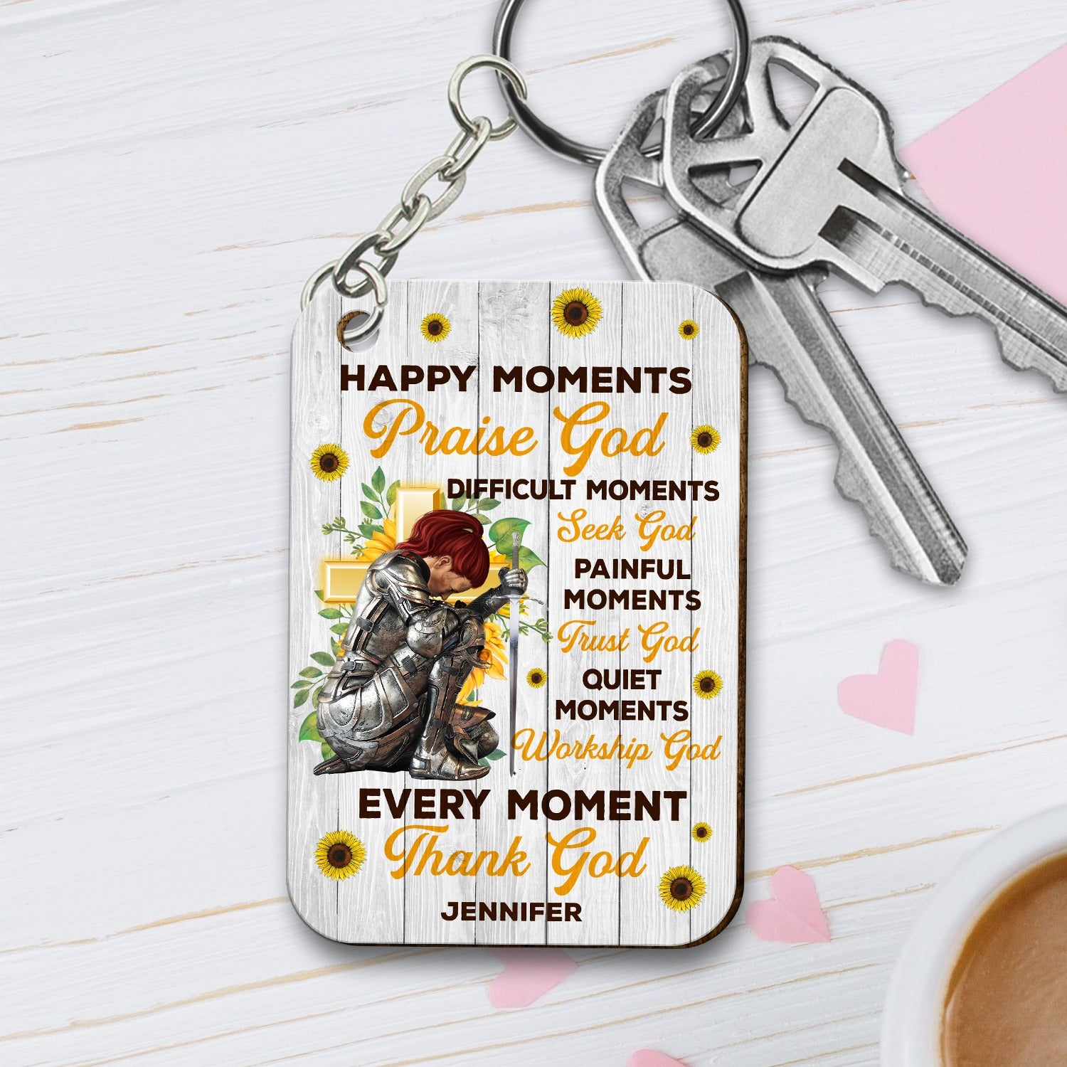 Personalized Woman Warrior Of God Happy Moments Praise God Difficult Moments Seek God Quiet Moments Wooden Keychain