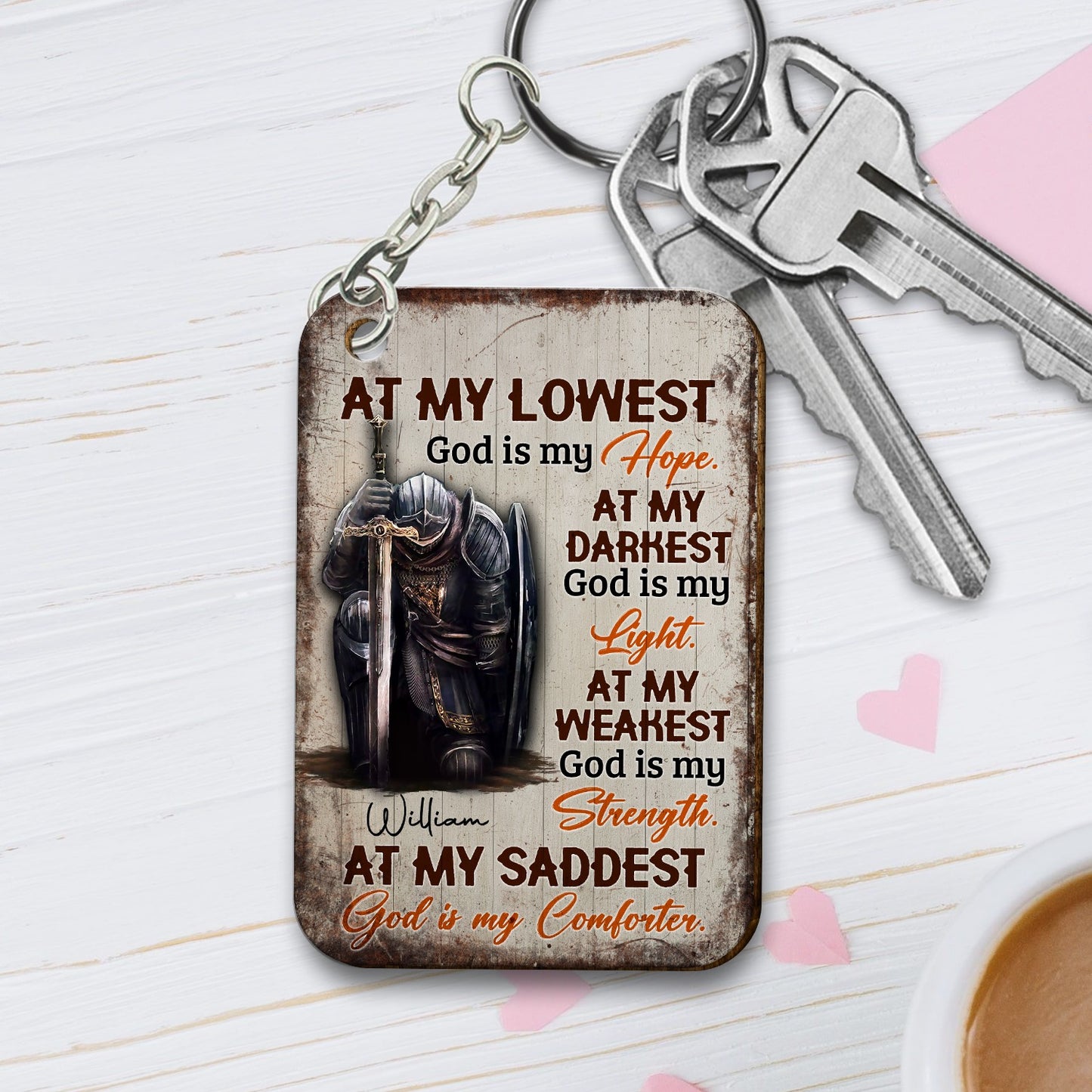 Personalized Man Warrior Of God At My Lowest God Is My Hope At My Darkest God Is My Light Wooden Keychain