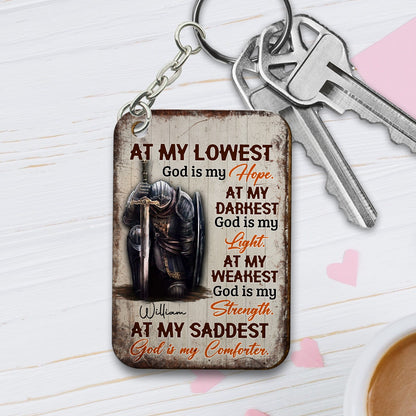 Personalized Man Warrior Of God At My Lowest God Is My Hope At My Darkest God Is My Light Wooden Keychain